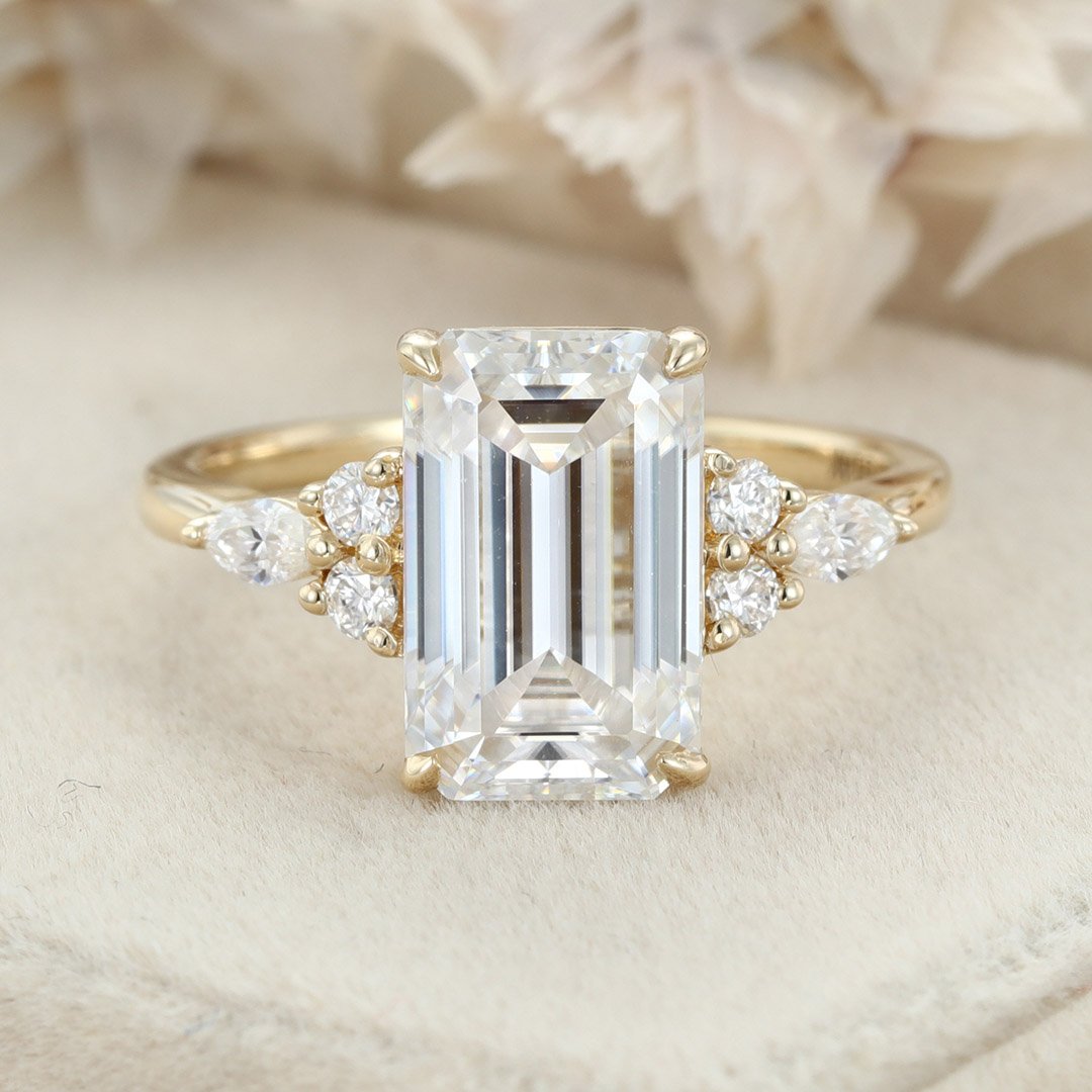 3.50 Carats Emerald Shape Moissanite Cluster Engagement Ring