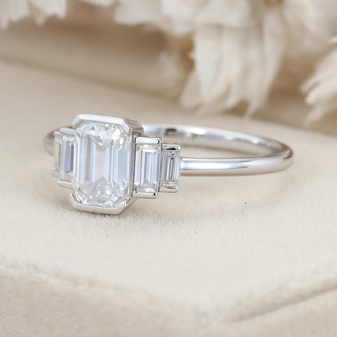 1.0 Carats Emerald Shape Moissanite Five Stone Engagement Ring
