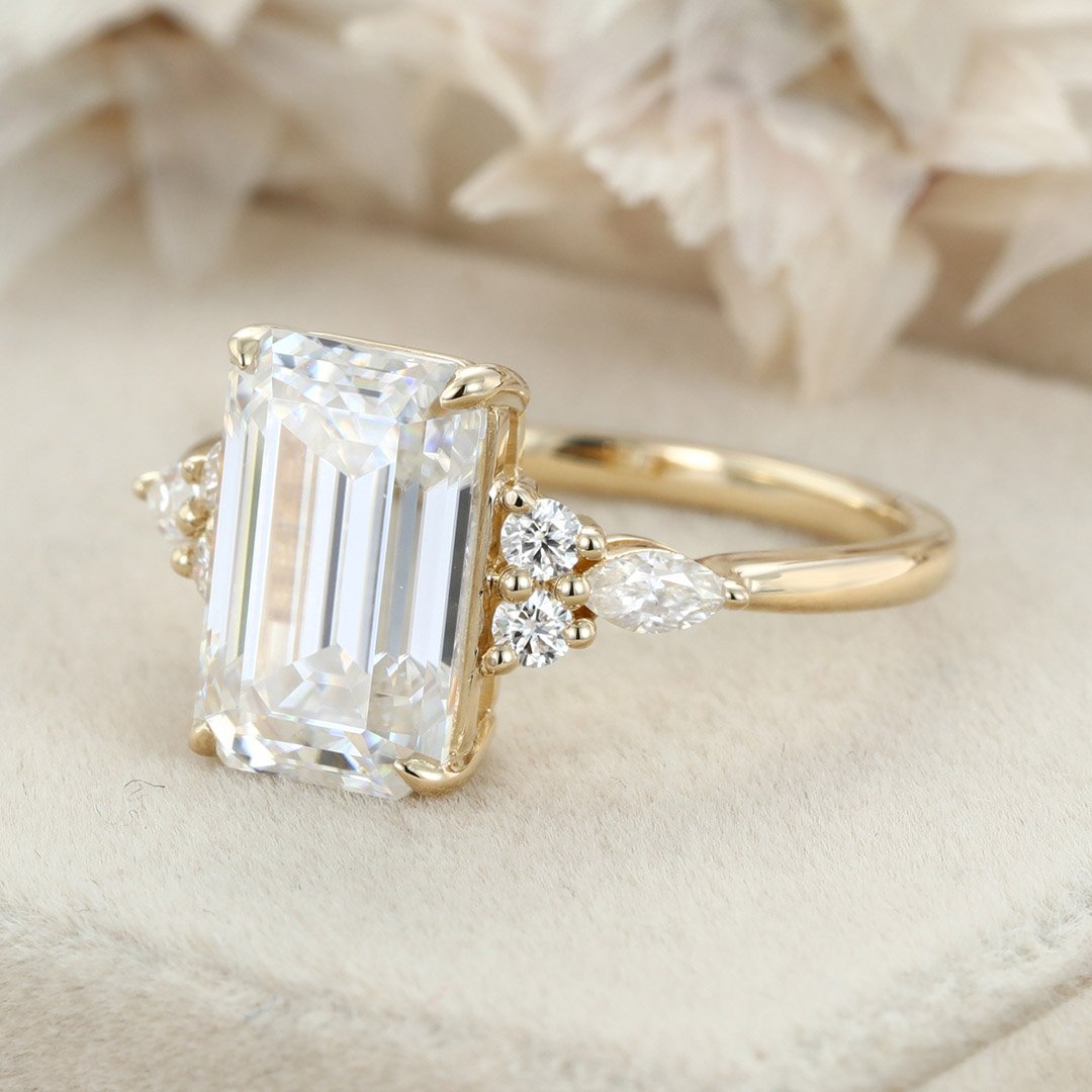 3.50 Carats Emerald Shape Moissanite Cluster Engagement Ring