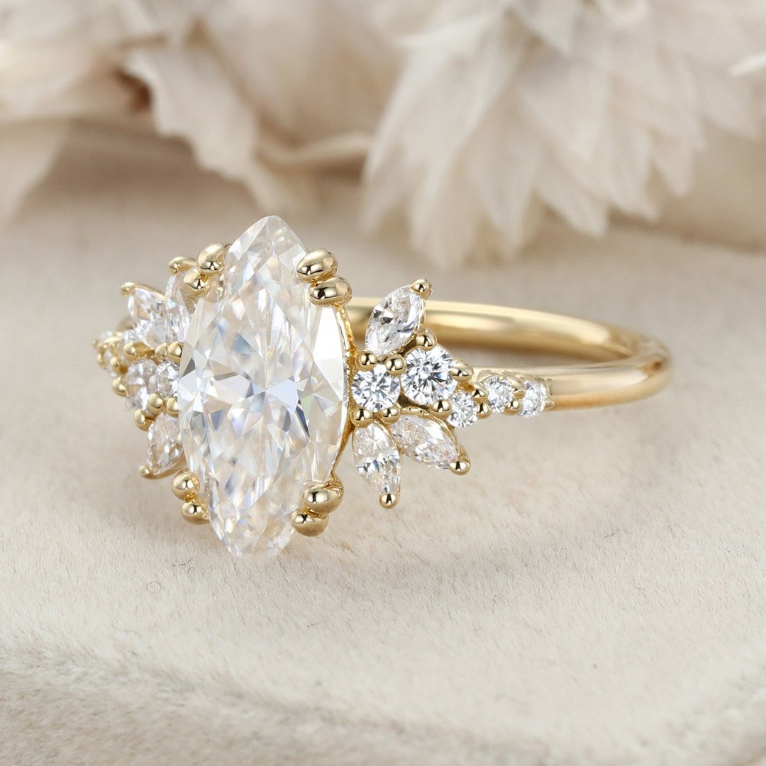 1.70 Carats Marquise Shape Moissanite Cluster Engagement Ring
