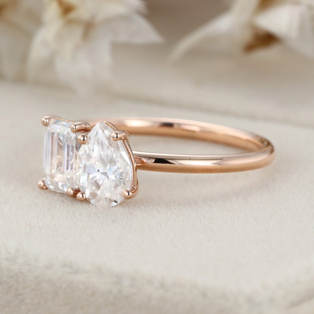 1.40 Carats Pear & Emerald Shape Moissanite Two Stone Engagement Ring