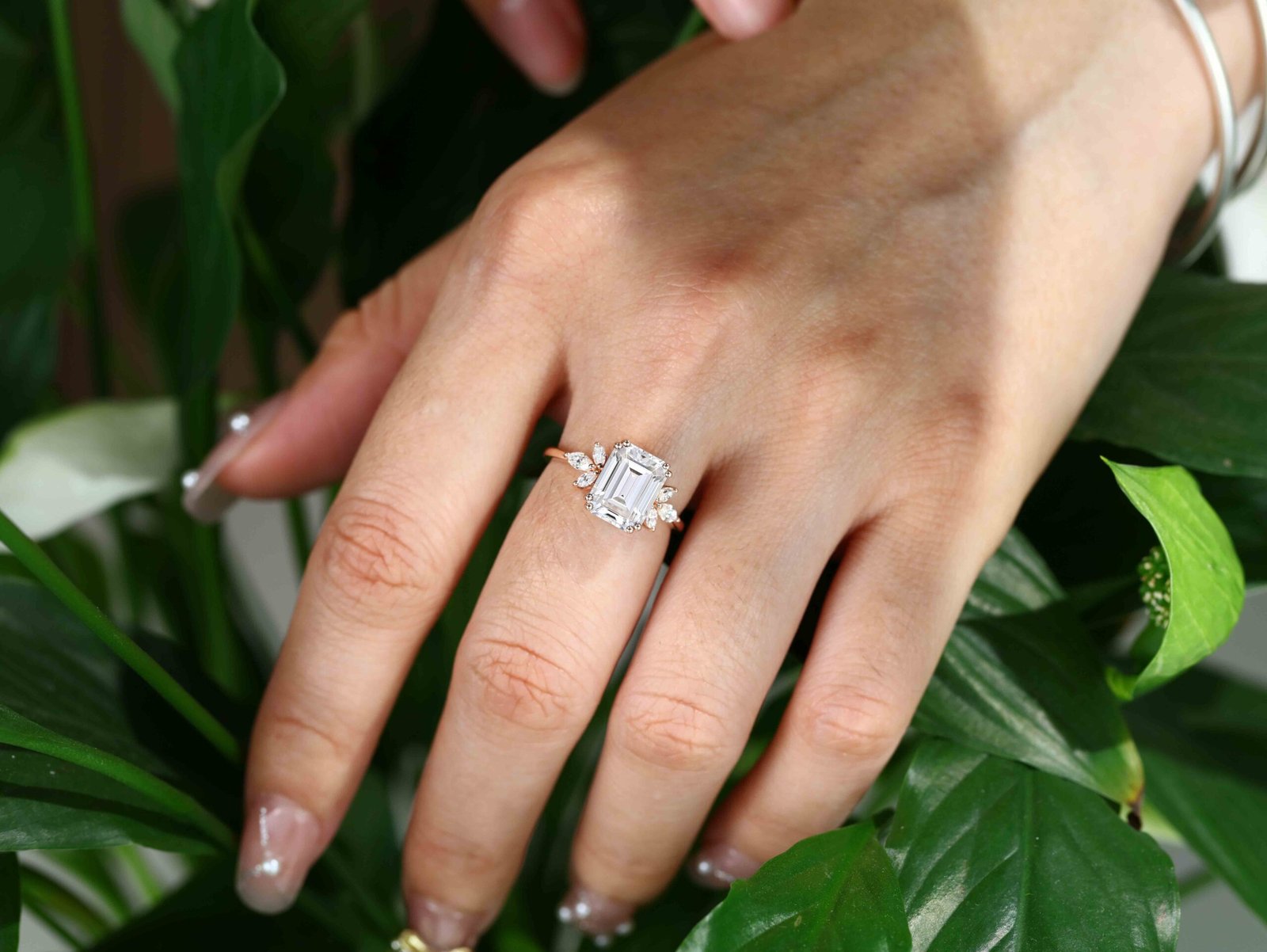 3.0 Carats Emerald Shape Moissanite Cluster Engagement Ring