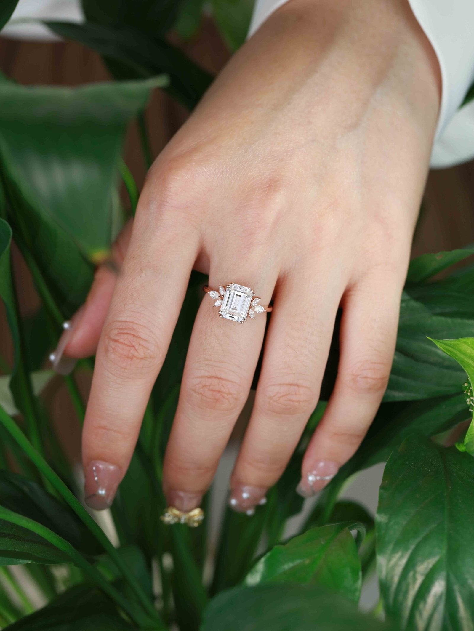 3.0 Carats Emerald Shape Moissanite Cluster Engagement Ring