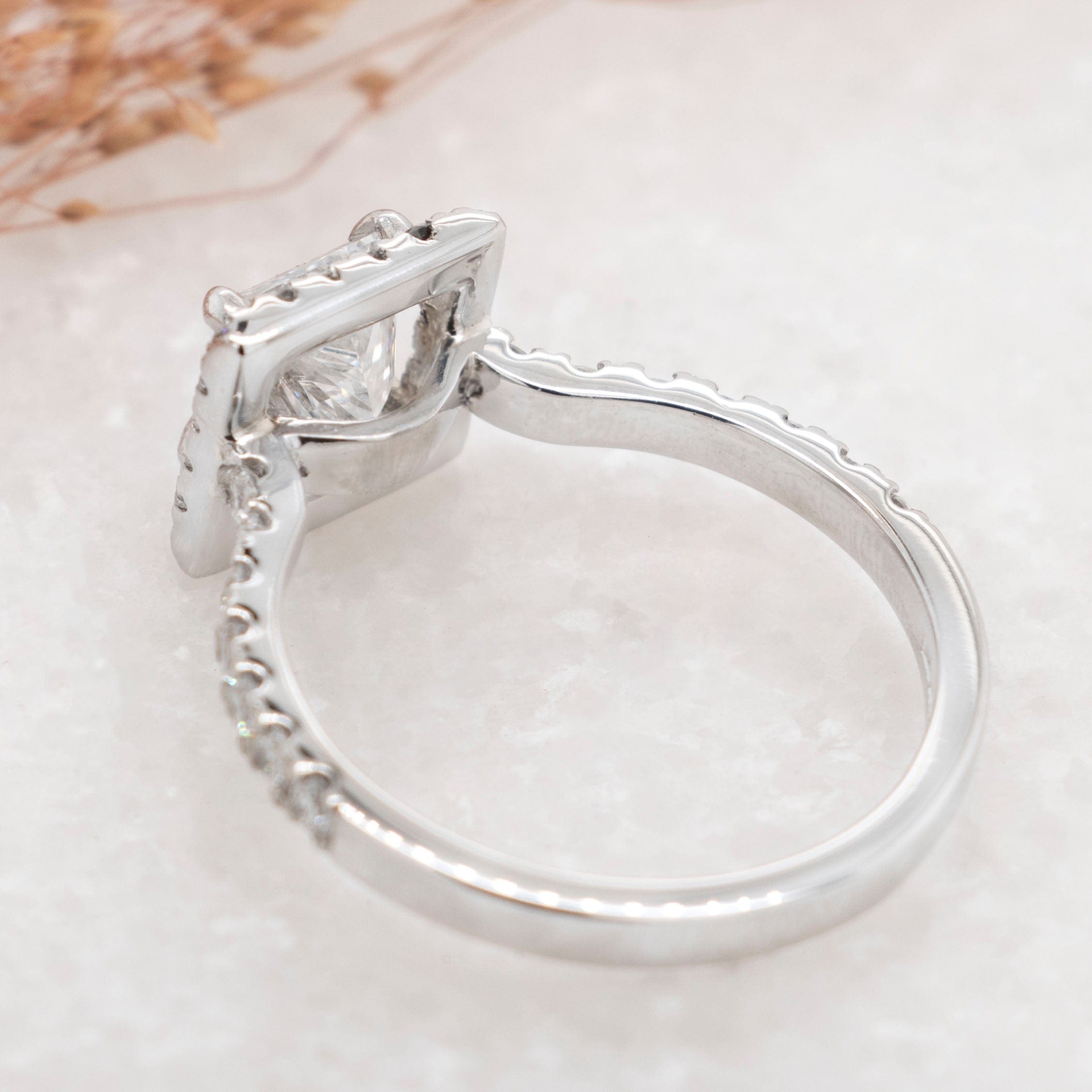 1.03 Carats Princess Shape Moissanite Halo & Pave Engagement Ring