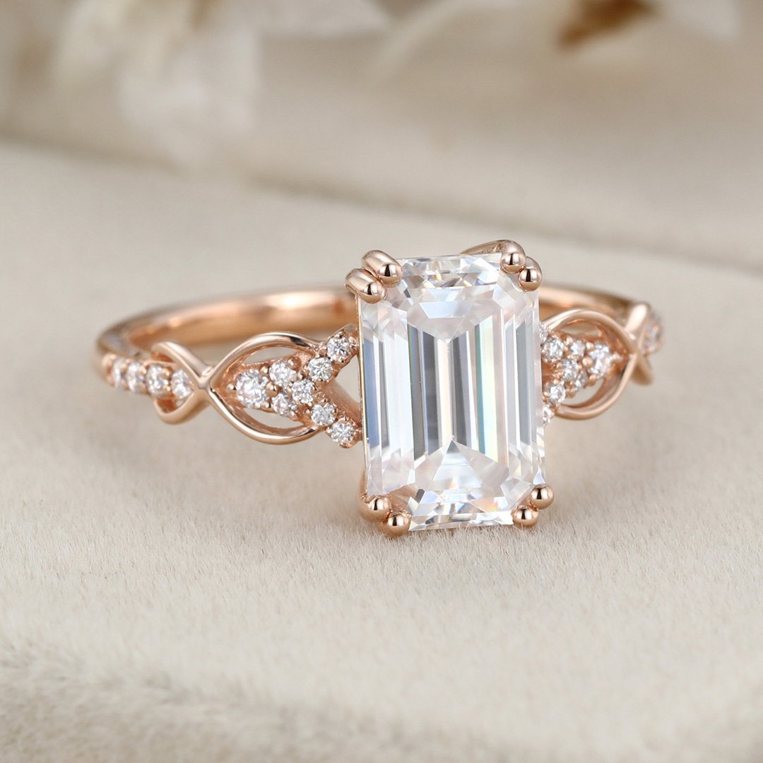 2.0 Carats Emerald Shape Moissanite Vintage Pave Engagement Ring