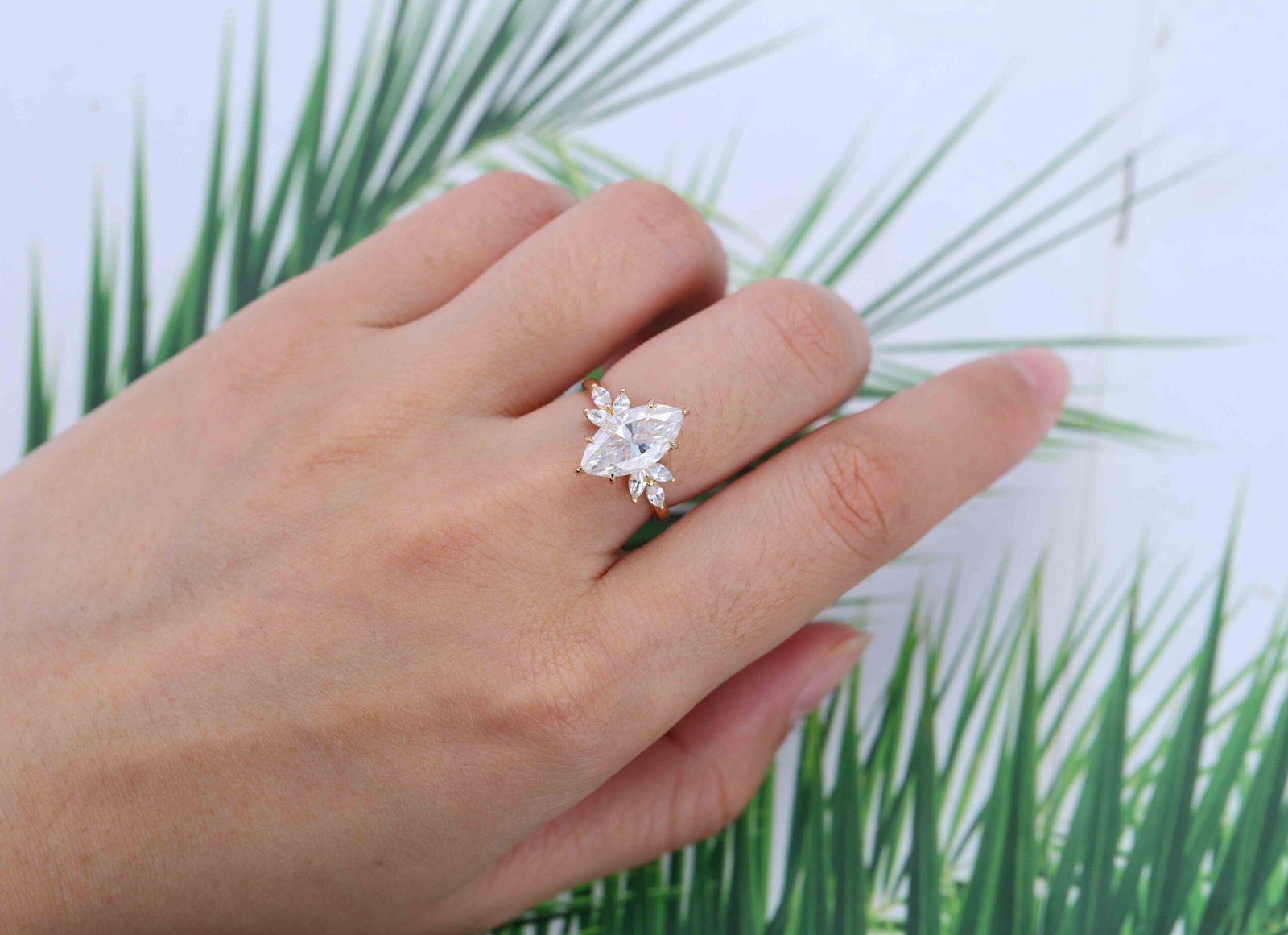 3.0 Carats Marquise Shape Moissanite Cluster Engagement Ring