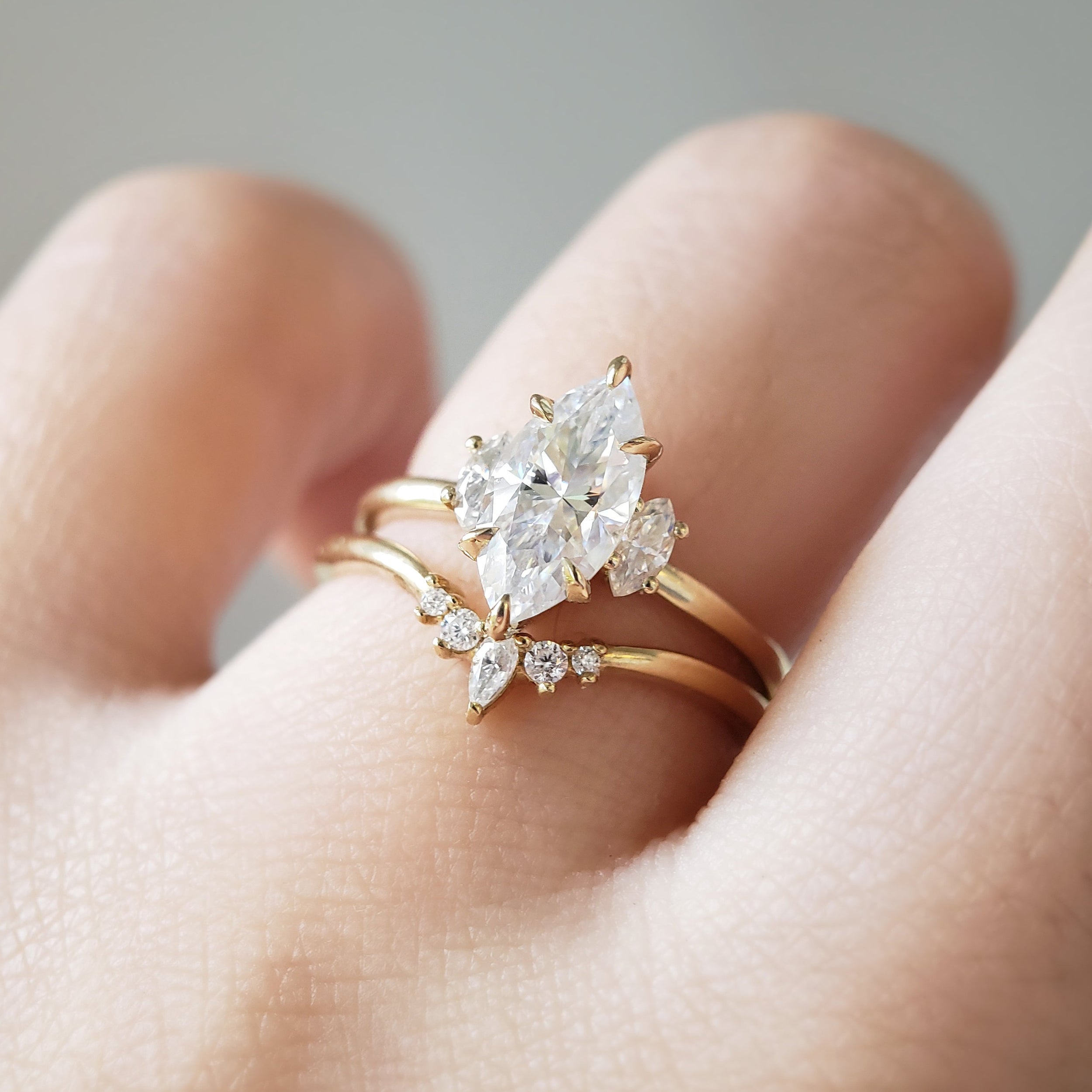 1.0 Carats Marquise Shape Moissanite Three Stone Engagement Ring