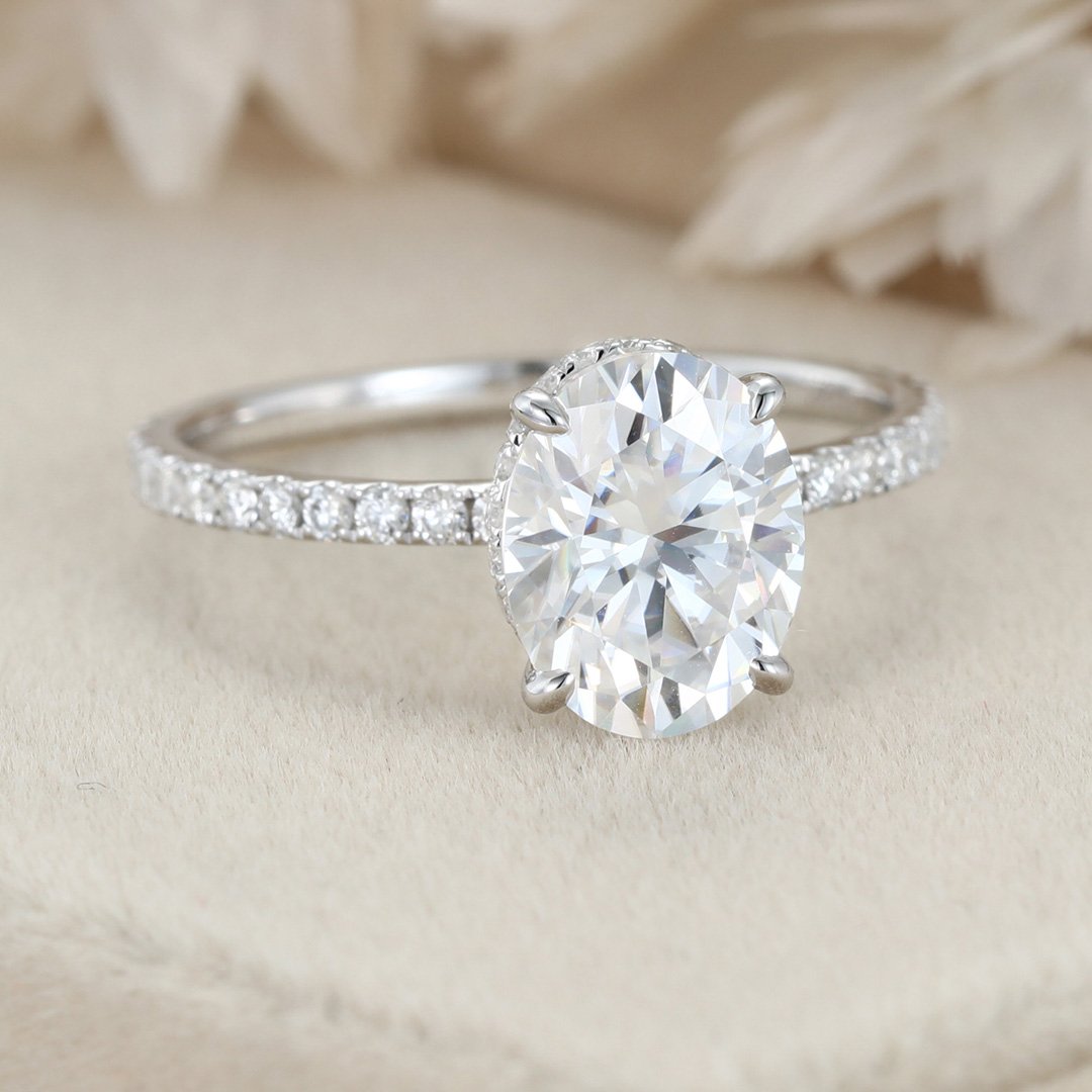 2.0 Carats Oval Shape Moissanite Hidden Halo & Pave Engagement Ring