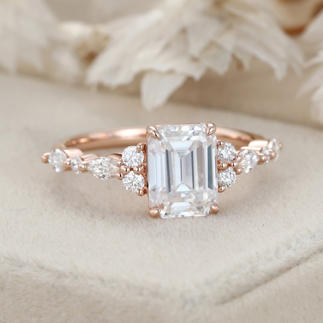 2.0 Carats Emerald Shape Moissanite Cluster & Pave Engagement Ring