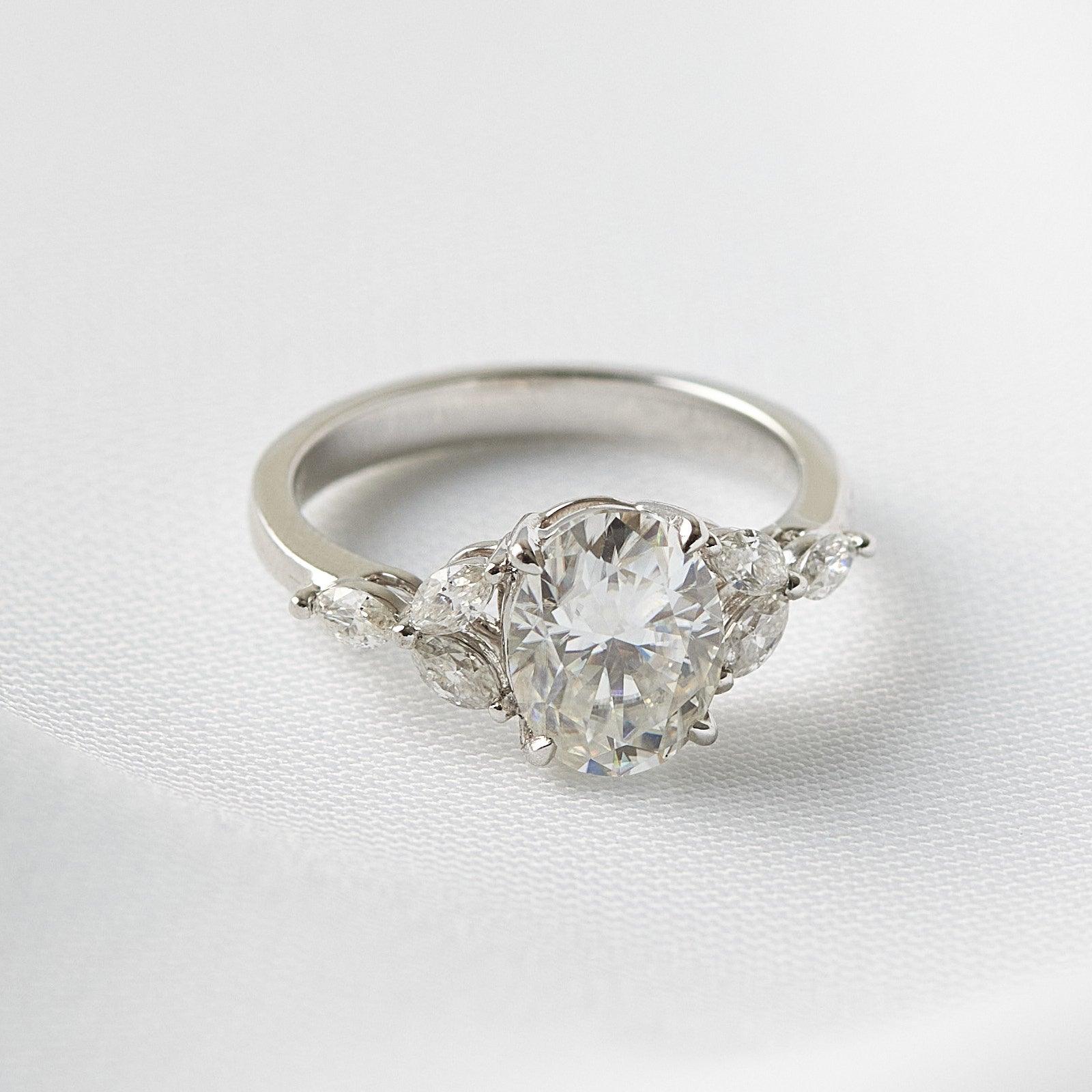 2.0 Carats Oval Moissanite Cluster Engagement Ring