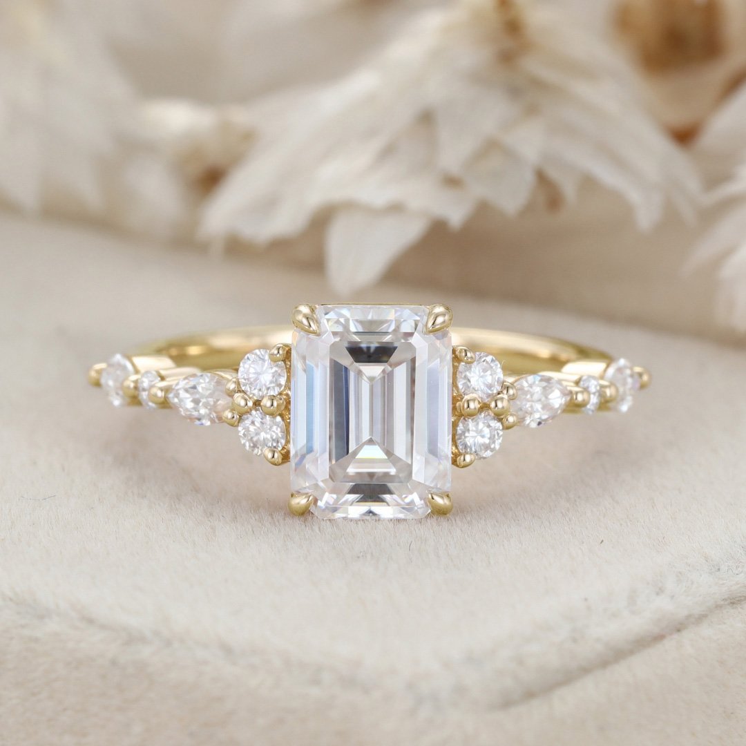 2.0 Carats Emerald Shape Moissanite Cluster & Pave Engagement Ring