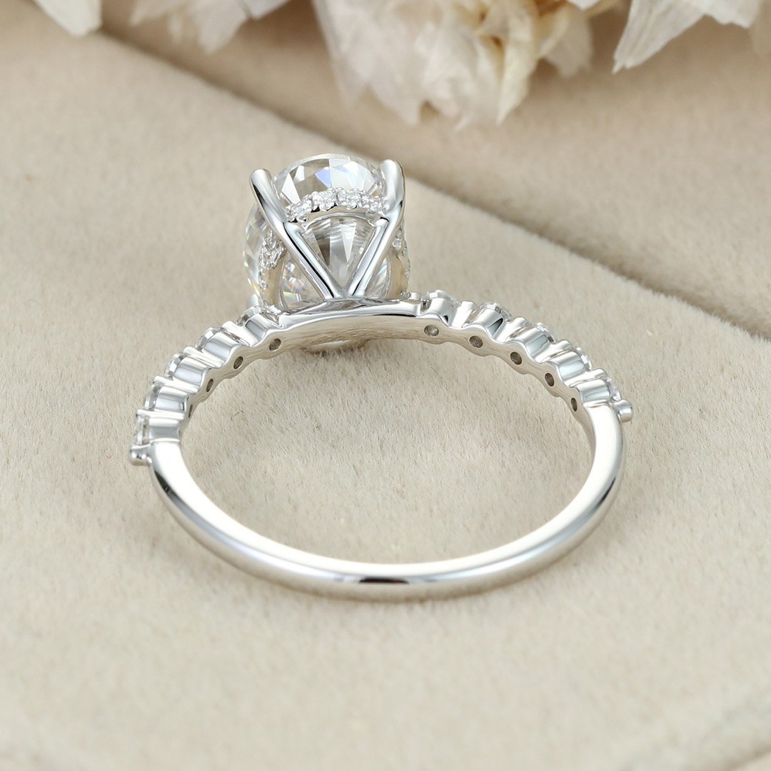 2.0 Carats Oval Shape Moissanite Hidden Halo & Pave Engagement Ring
