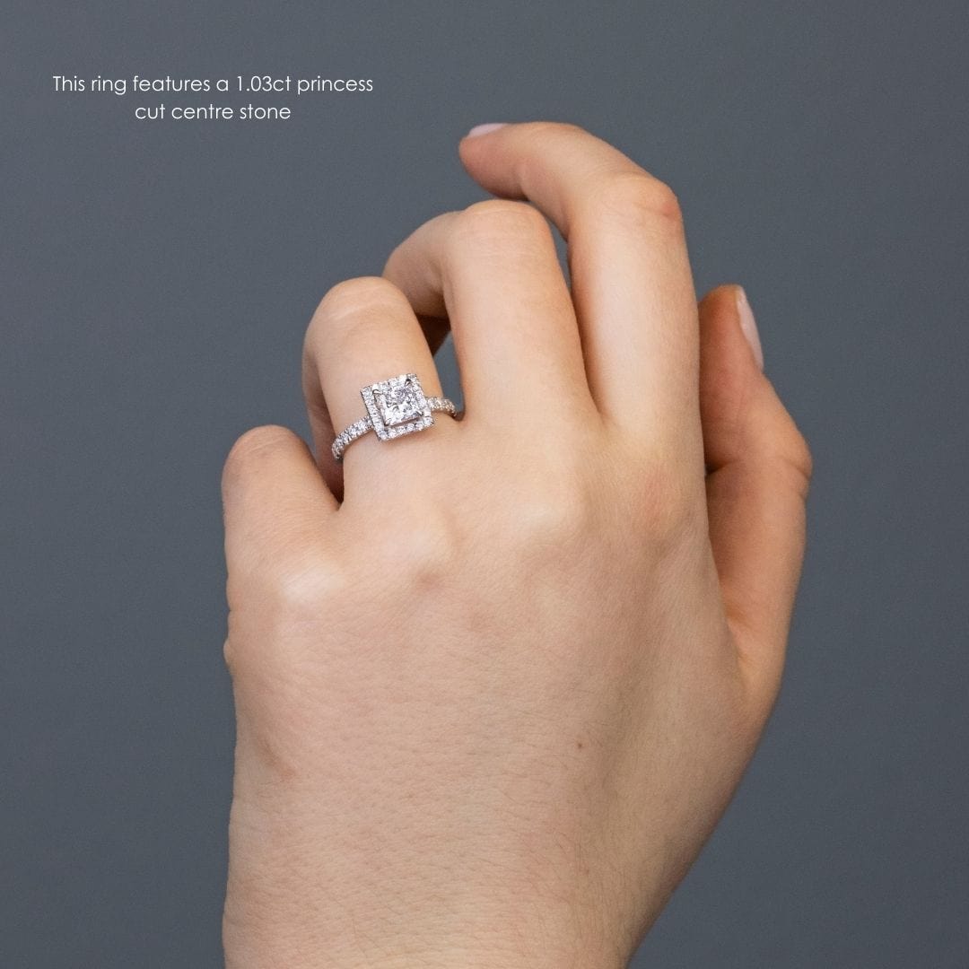 1.03 Carats Princess Shape Moissanite Halo & Pave Engagement Ring