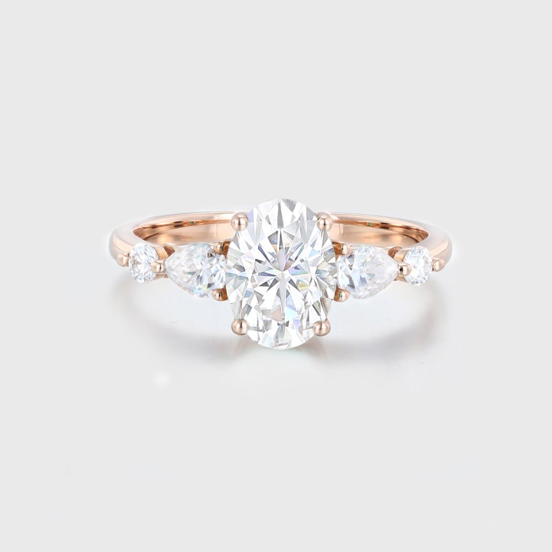 1.50 Carats Oval Shape Moissanite Five Stone Engagement Ring