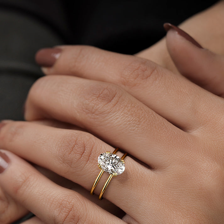 3.0 Carats Lab Grown Diamond Oval Shape F-VS1 Solitaire Double Band Engagement Ring