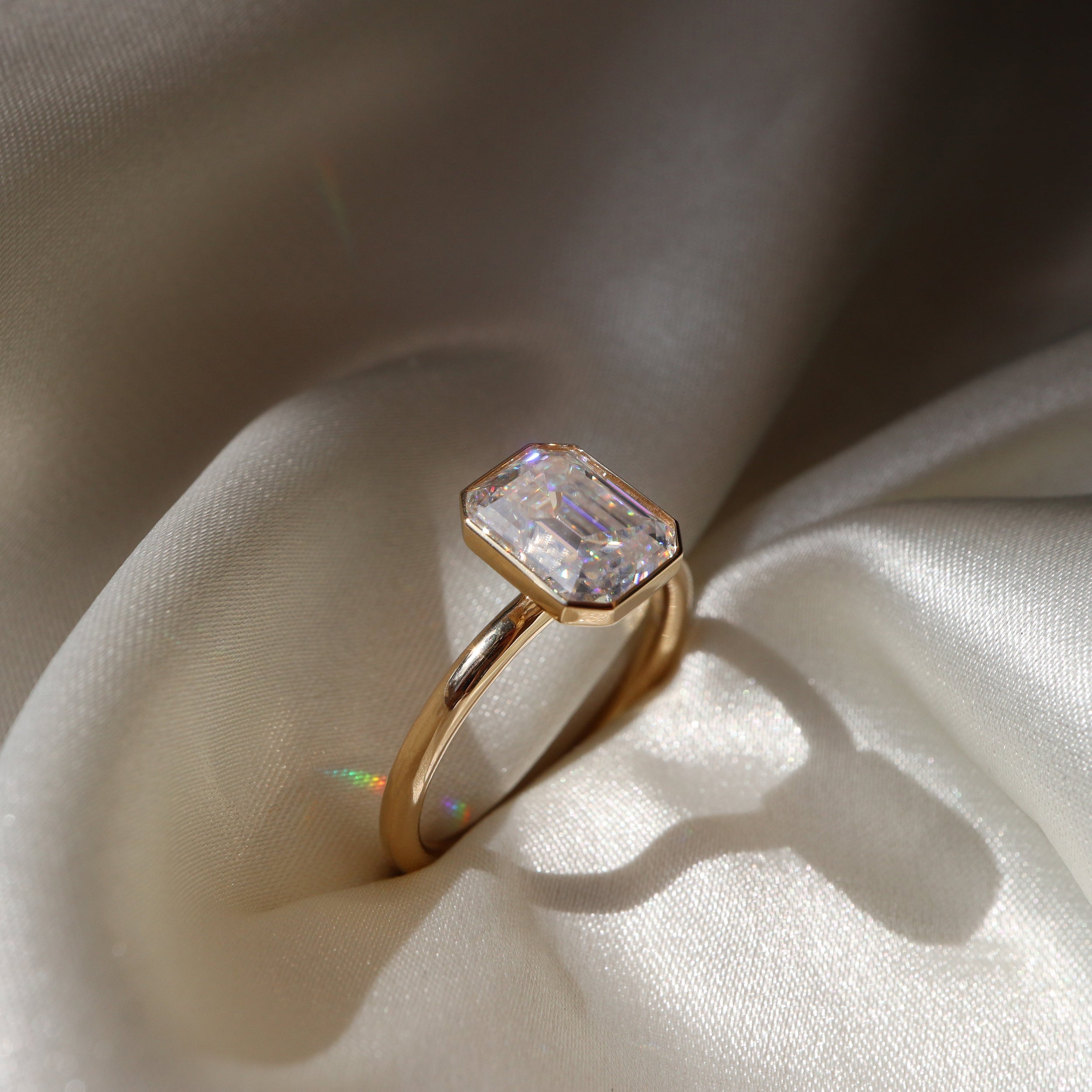 1.60 Carats Emerald Shape Moissanite Bezel Solitaire Engagement Ring