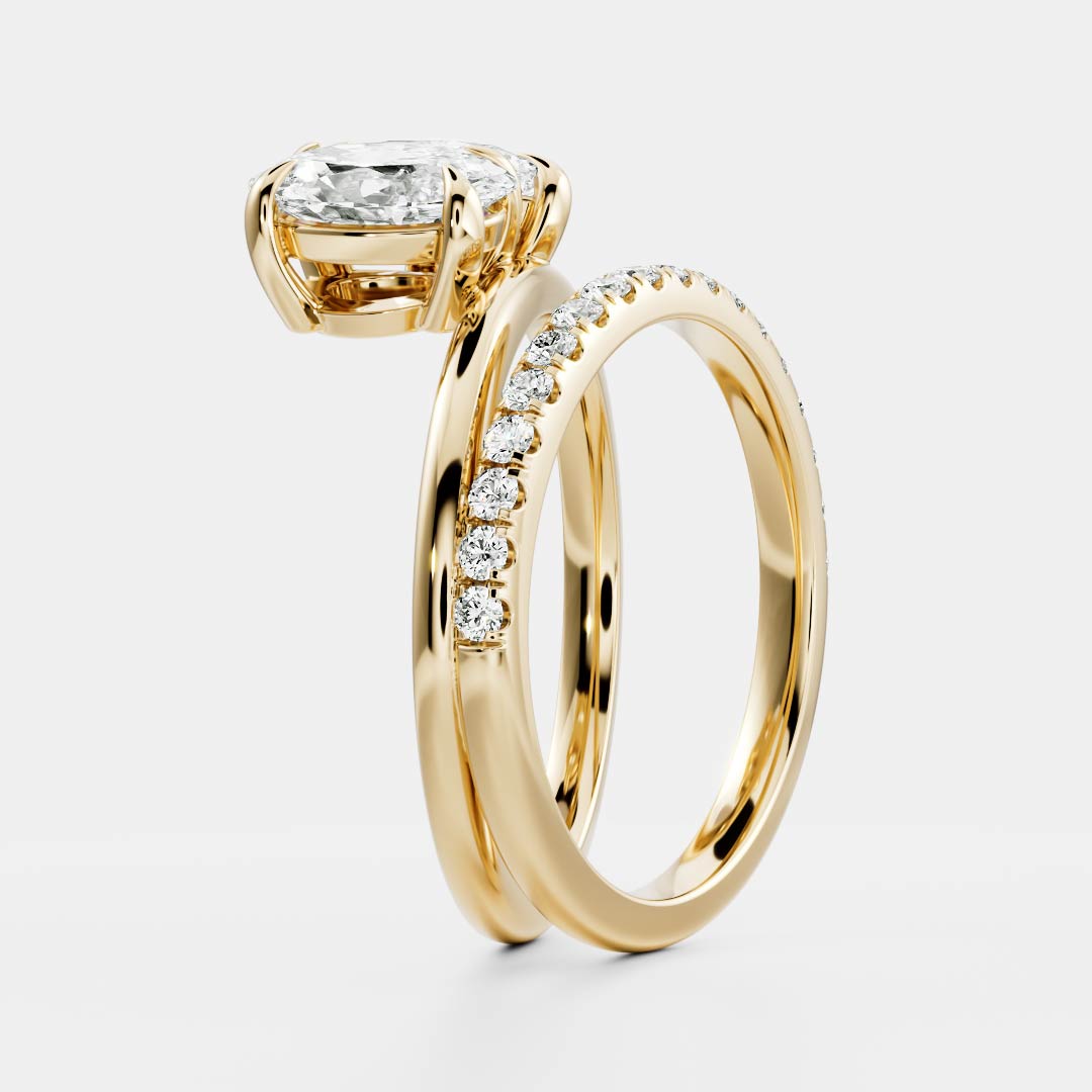 2.05 Carats Oval & Pear Shape Moissanite Two Stone Double Band Engagement Ring