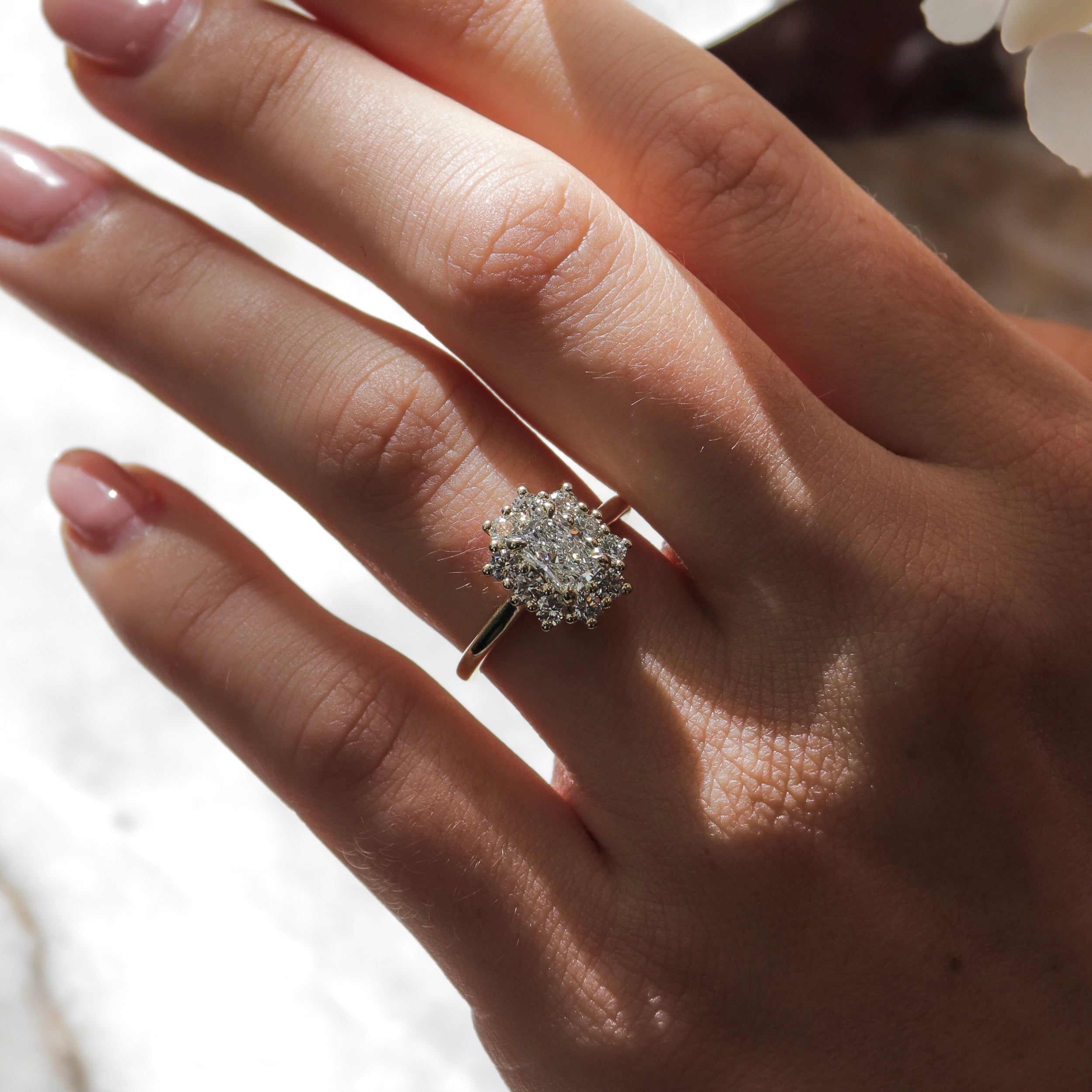 0.60 Carats Radiant Shape Moissanite Halo Engagement Ring