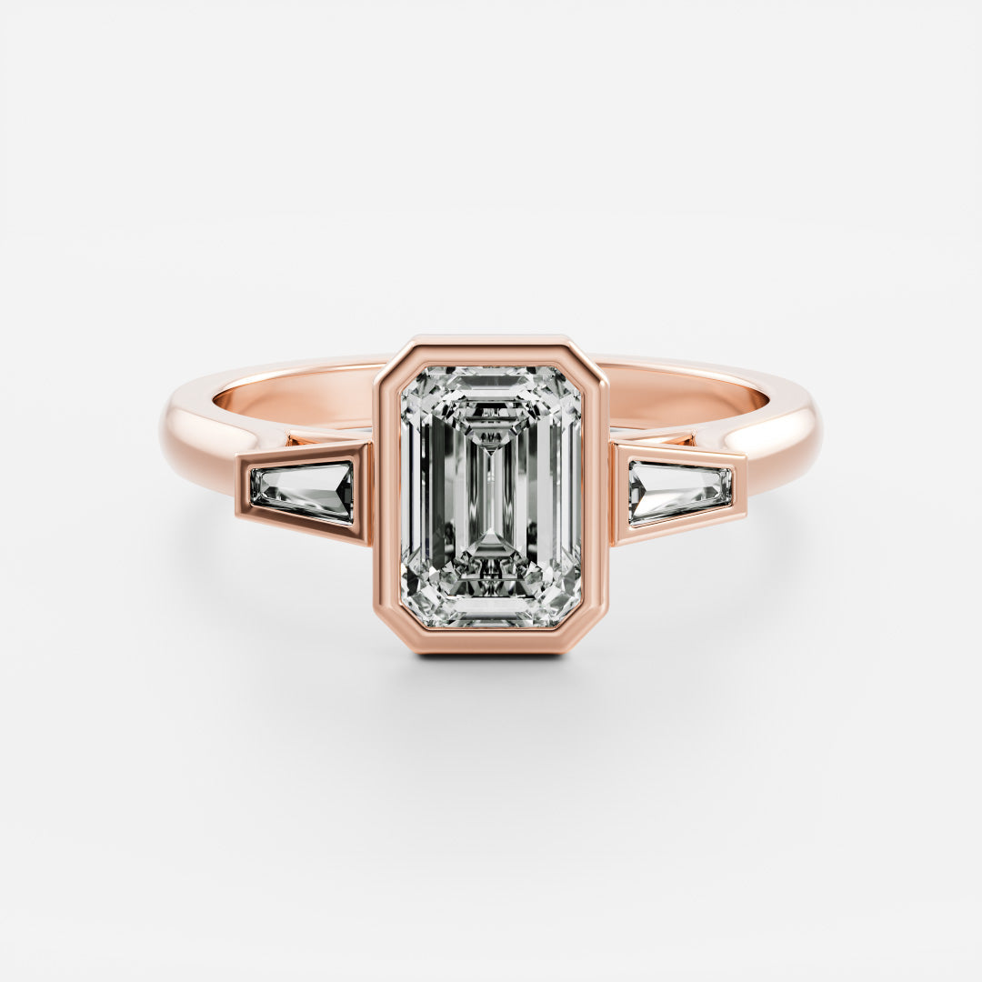 1.0 Carats Emerald Shape Moissanite Bezel Three Stone Engagement Ring