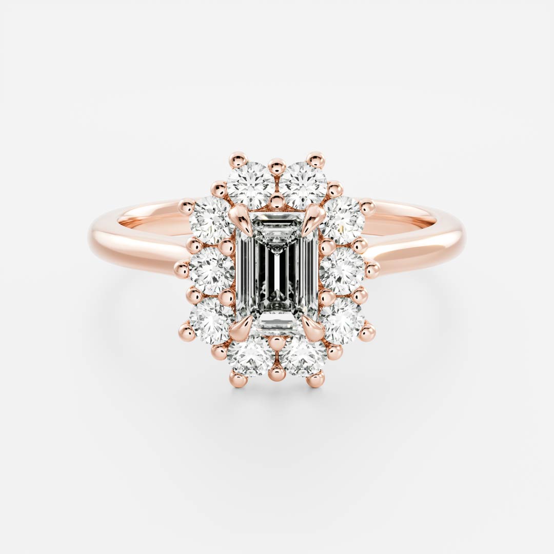 0.60 Carats Emerald Shape Moissanite Halo Engagement Ring