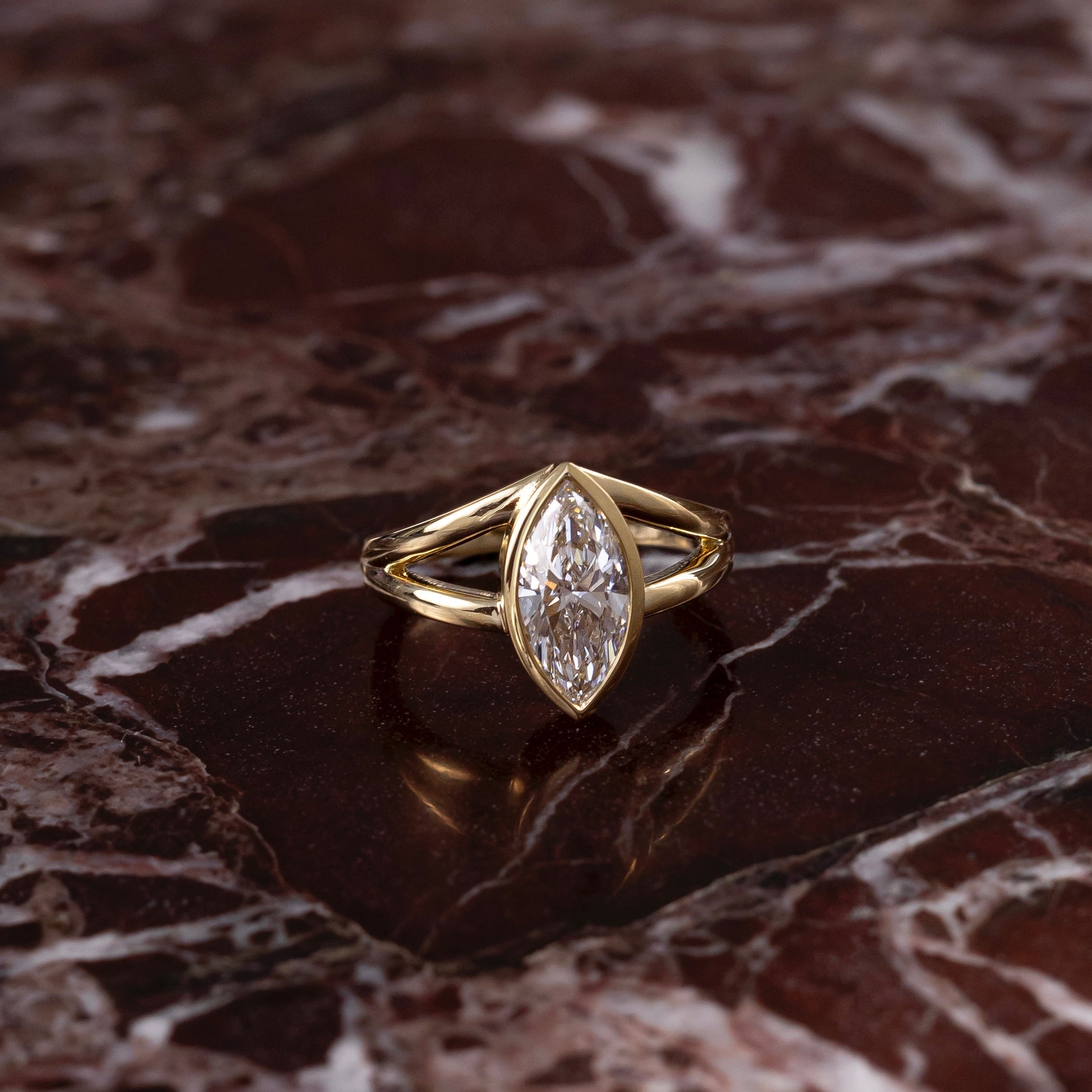 0.90 Carats Marquise Shape Moissanite Bezel Solitaire Split Engagement Ring