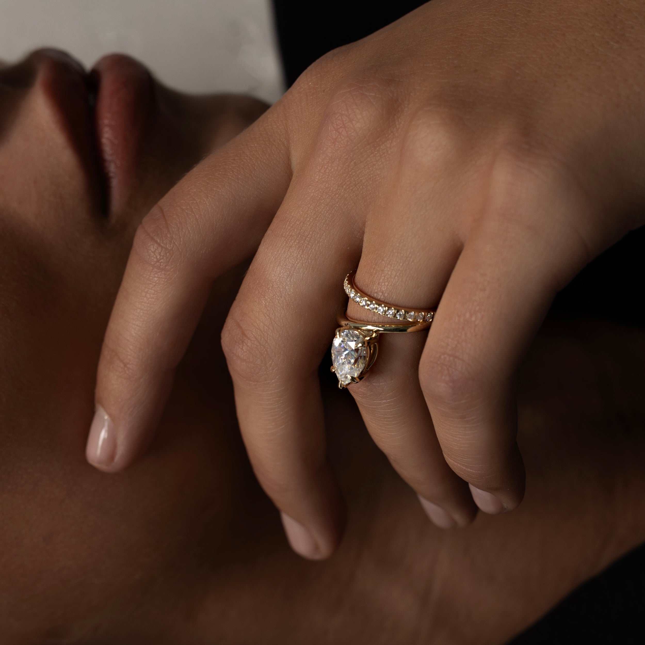 1.50 Carats Pear Shape Moissanite Double Band Engagement Ring