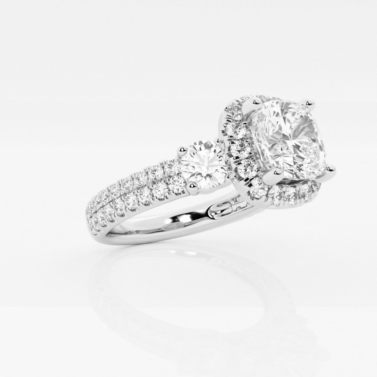 1.0 Carats Lab Grown Diamond Cushion Shape E-VS1 Double Row Side Stones Halo Engagement Ring