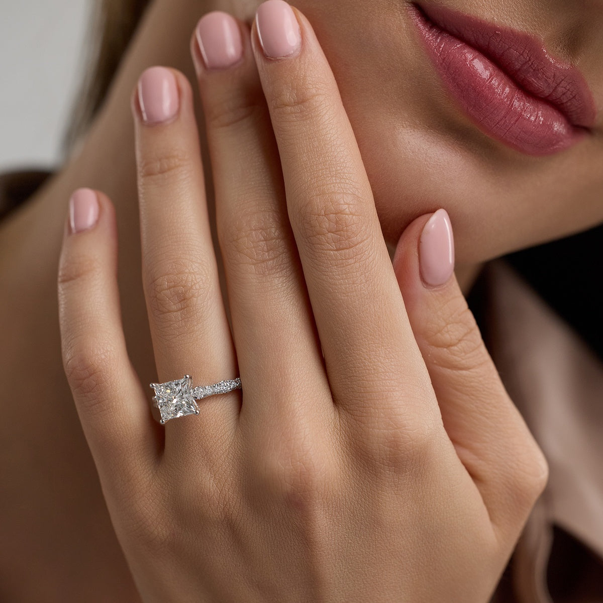 2.20 Carats Lab Grown Diamond Princess Shape E-VS1 Pave Engagement Ring