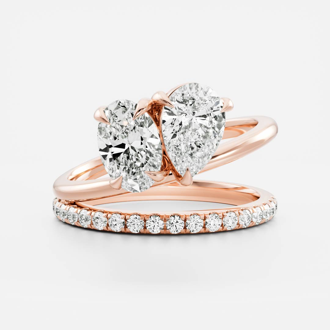 2.05 Carats Oval & Pear Shape Moissanite Two Stone Double Band Engagement Ring