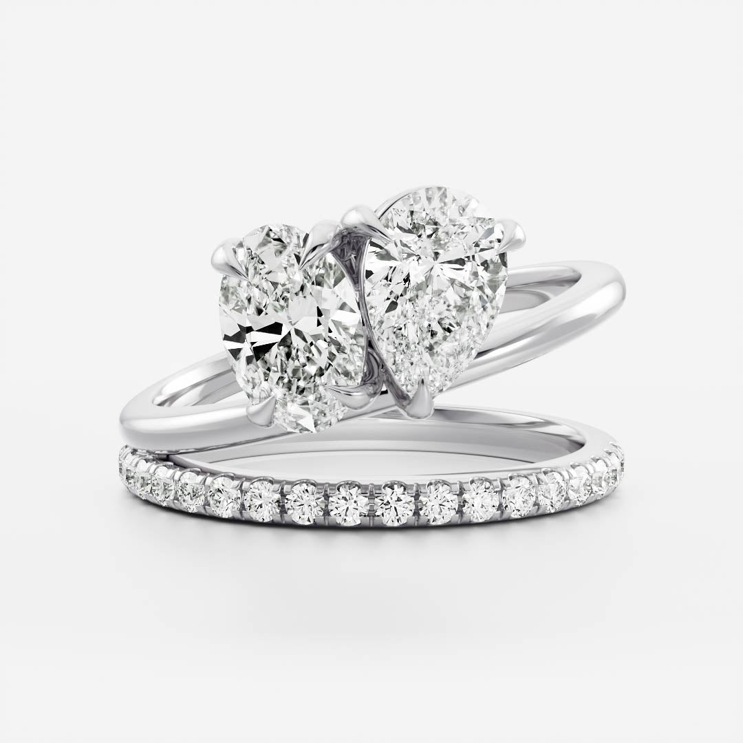 2.05 Carats Oval & Pear Shape Moissanite Two Stone Double Band Engagement Ring