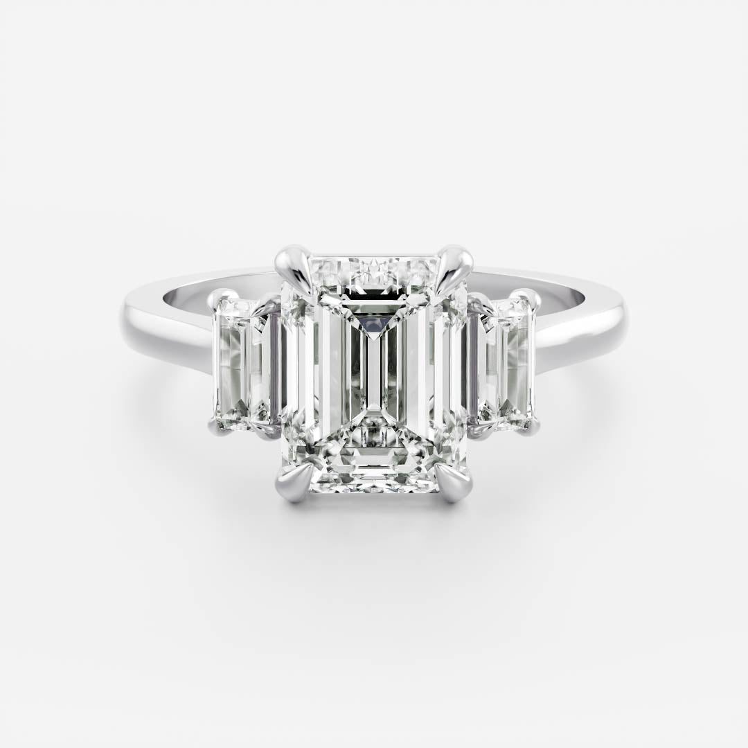 1.50 Carats Emerald Shape Three Stone Moissanite Engagement Ring