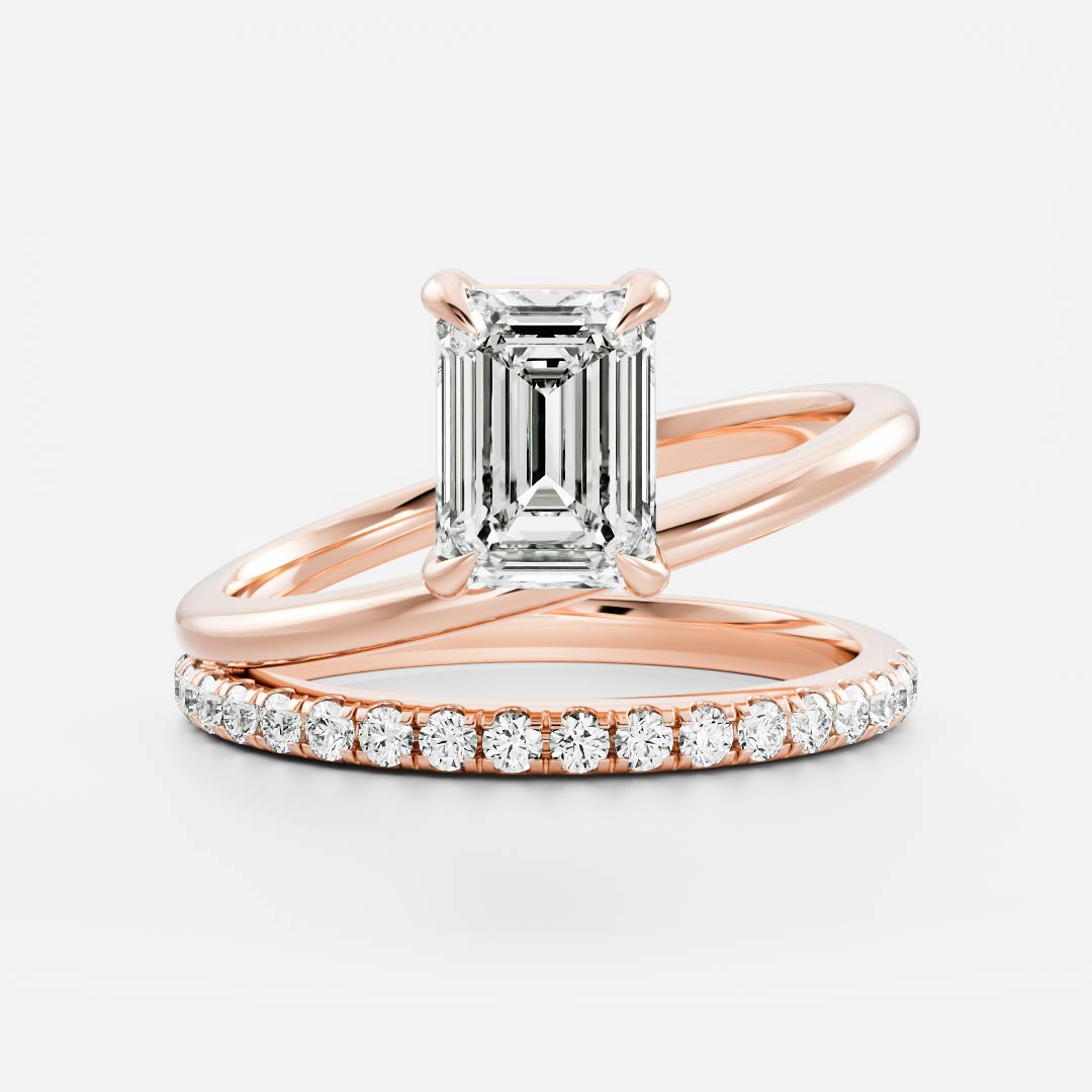 1.0 Carats Emerald Shape Moissanite Double Band Engagement Ring