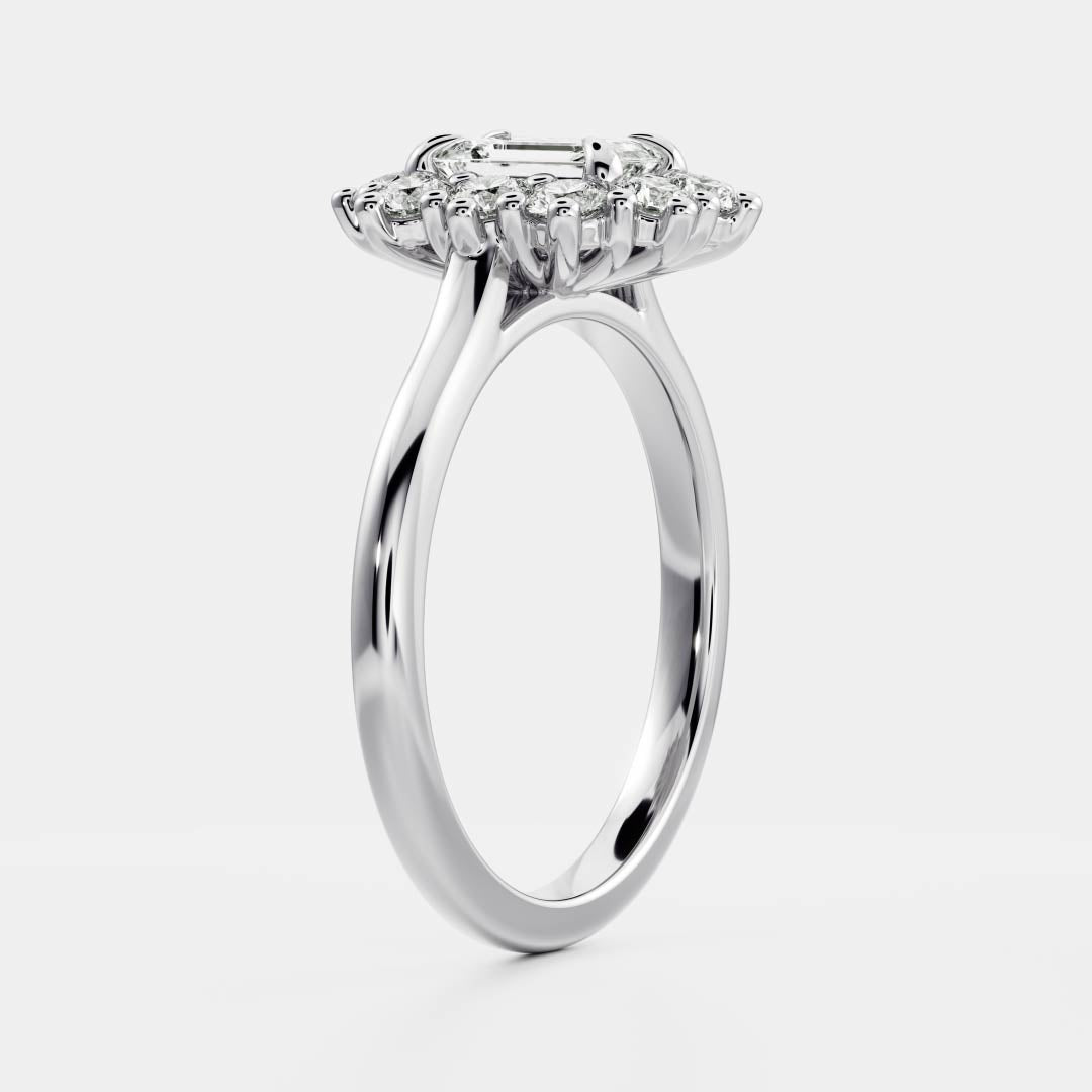 0.60 Carats Emerald Shape Moissanite Halo Engagement Ring