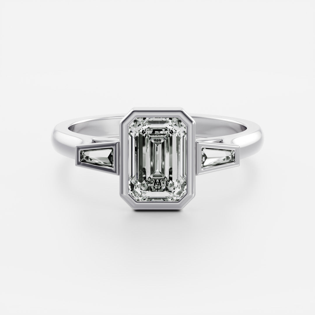 1.0 Carats Emerald Shape Moissanite Bezel Three Stone Engagement Ring