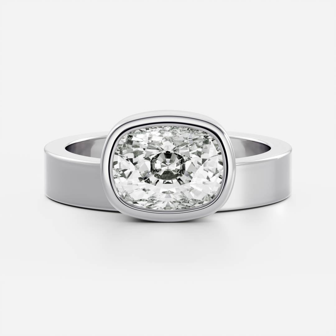 2.0 Carats East-West Elongated Cushion Shape Moissanite Bezel Solitaire Engagement Ring