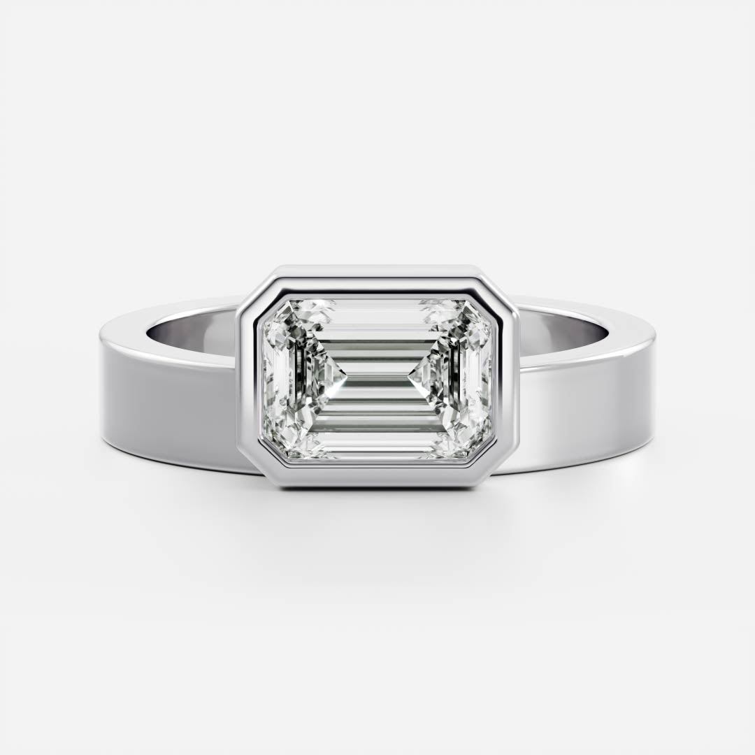 1.50 Carats East-West Emerald Shape Moissanite Bezel Solitaire Engagement Ring