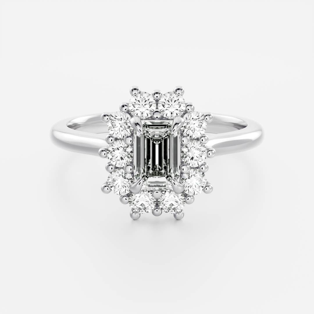 0.60 Carats Emerald Shape Moissanite Halo Engagement Ring