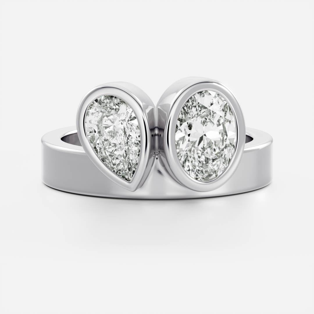 1.40 Carats Pear & Oval Shape Moissanite Bezel Two Stone Engagement Ring