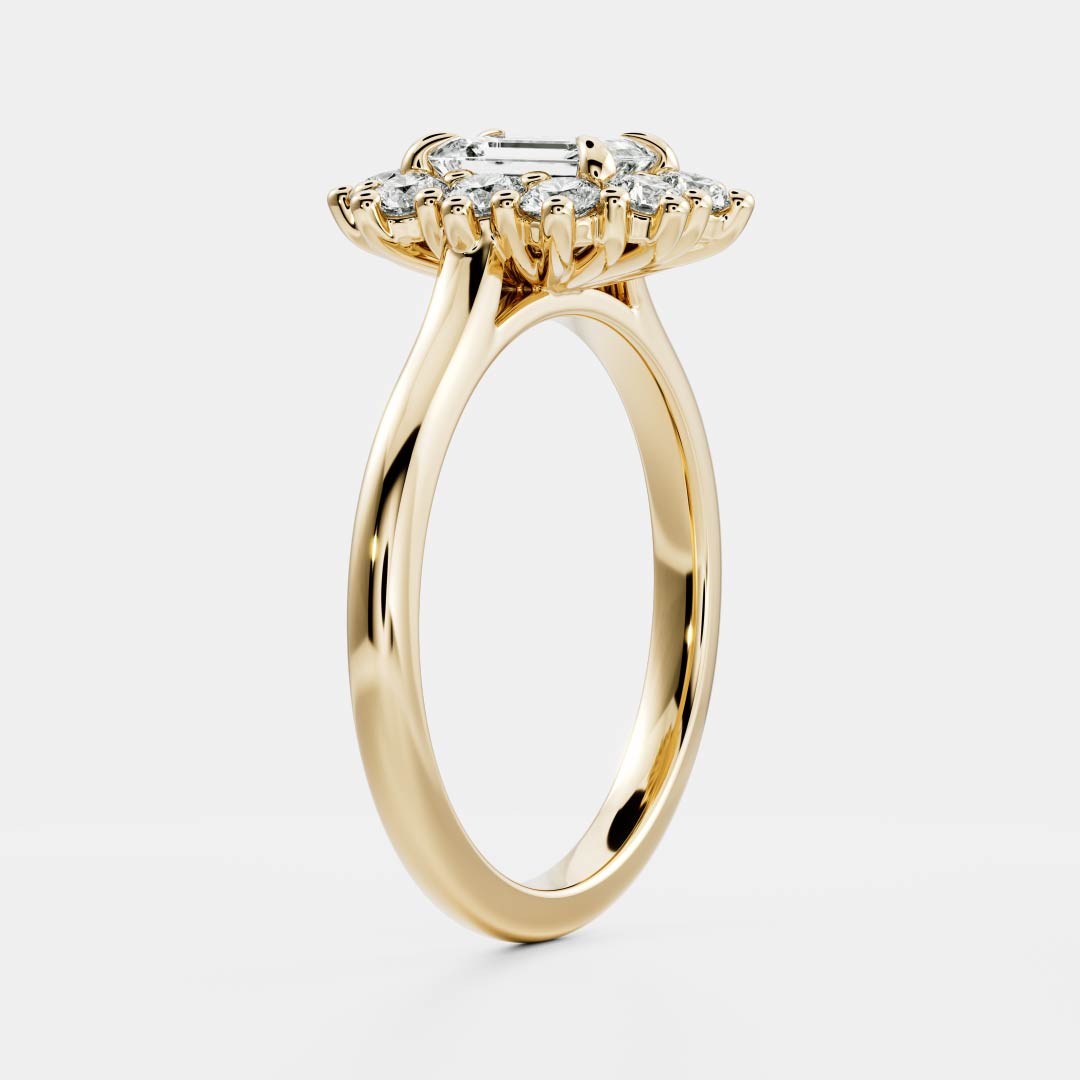 0.60 Carats Emerald Shape Moissanite Halo Engagement Ring