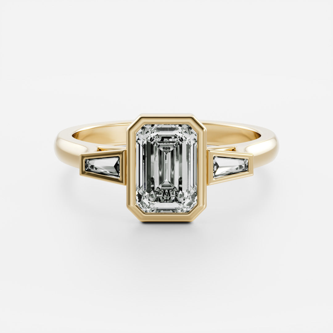 1.0 Carats Emerald Shape Moissanite Bezel Three Stone Engagement Ring
