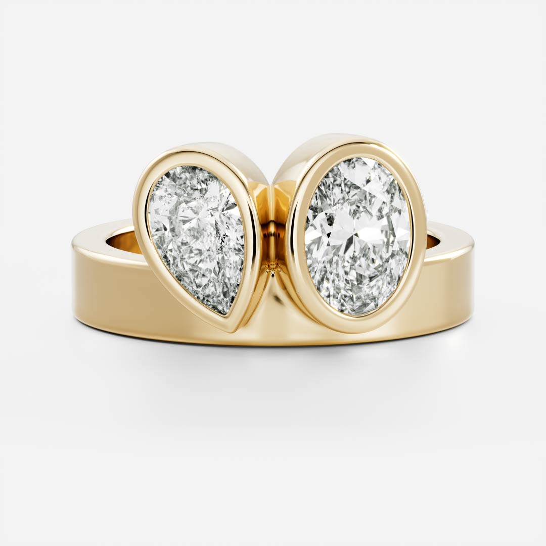 1.40 Carats Pear & Oval Shape Moissanite Bezel Two Stone Engagement Ring