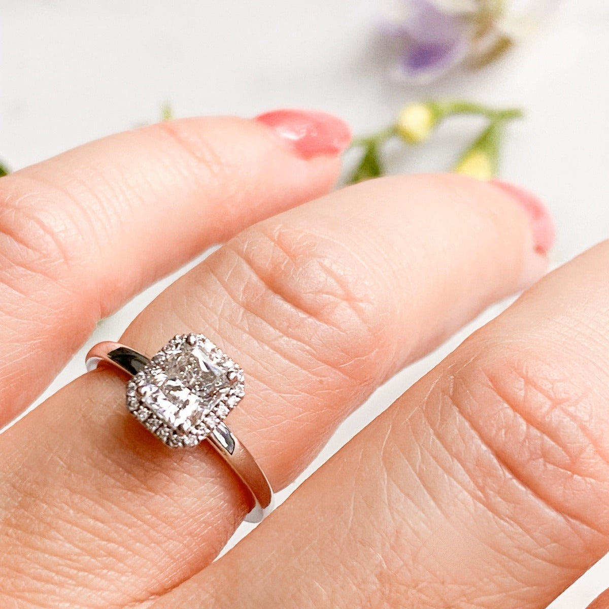 0.70 Carats Radiant Shape Moissanite Halo Engagement Ring