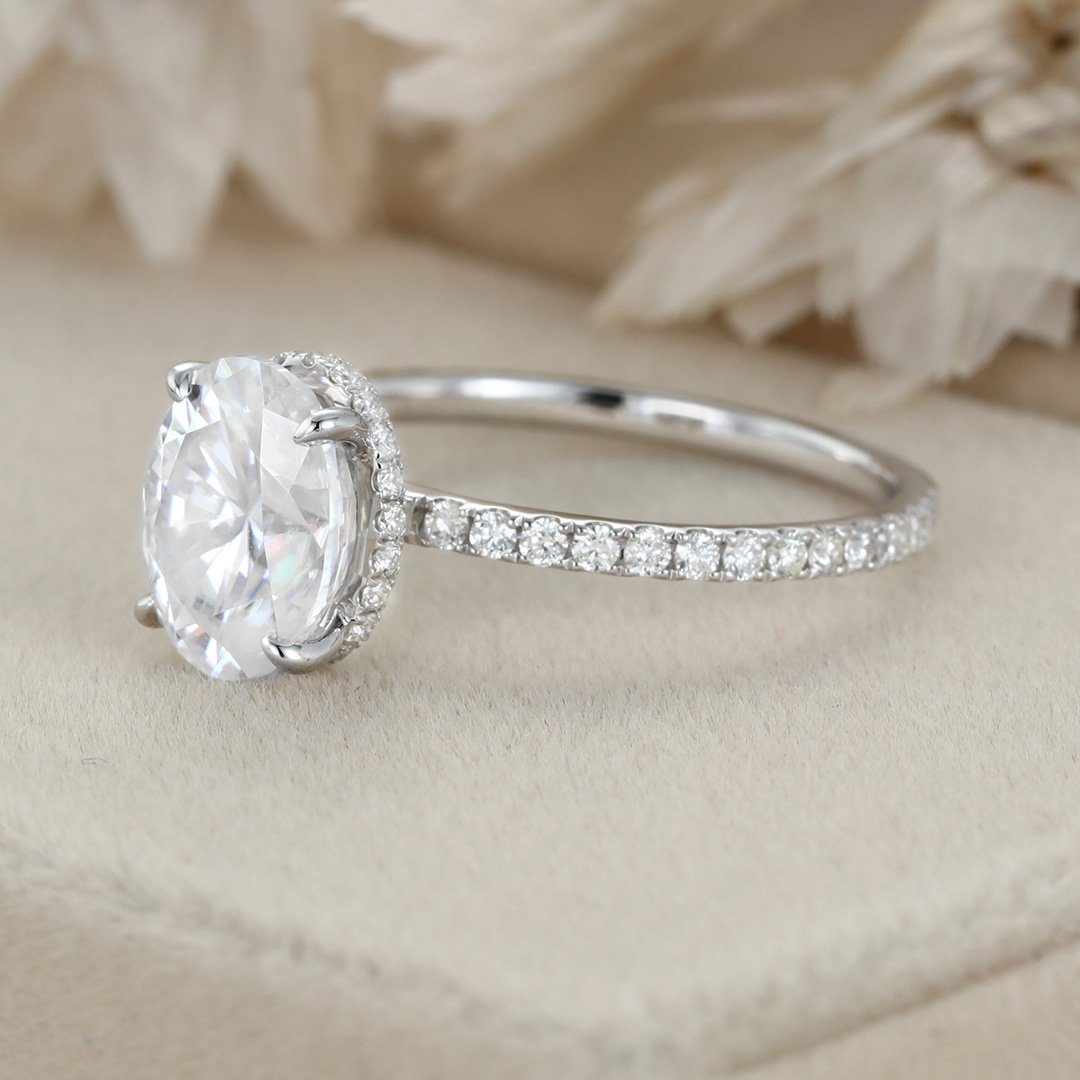 2.0 Carats Oval Shape Moissanite Hidden Halo & Pave Engagement Ring