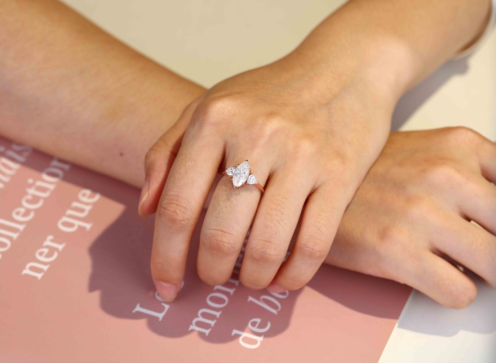 2.0 Carats Marquise Shape Moissanite Three Stone Engagement Ring