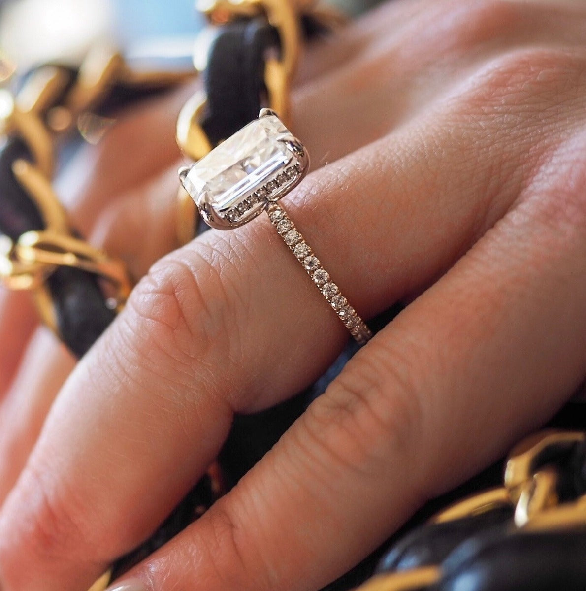 5.60 Carats Radiant Shape Moissanite Hidden Halo & Pave Engagement Ring
