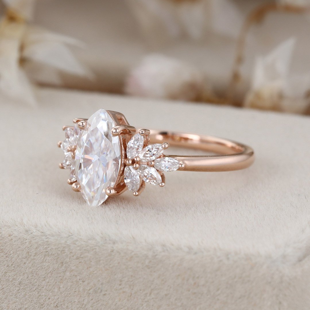 1.0 Carats Marquise Shape Moissanite Cluster Engagement Ring