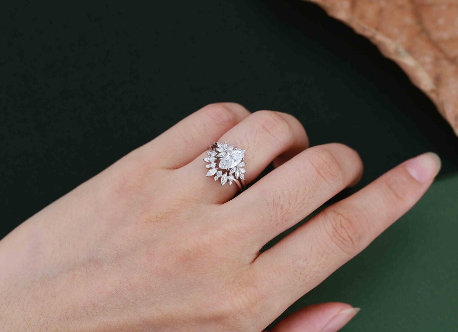 1.0 Carats Marquise Shape Moissanite Cluster Engagement Ring