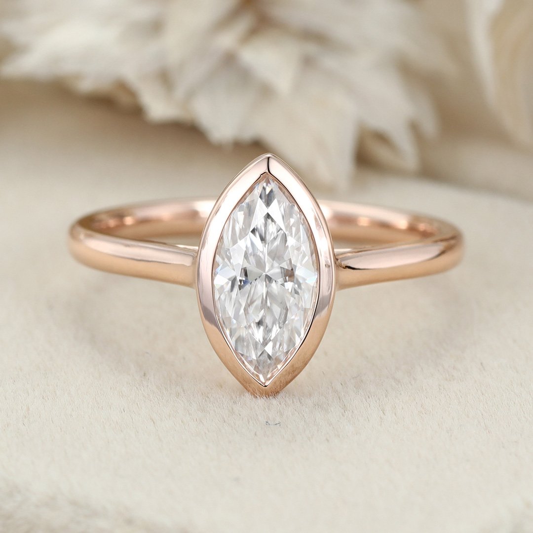 1.0 Carats Marquise Shape Moissanite Bezel Solitaire Engagement Ring