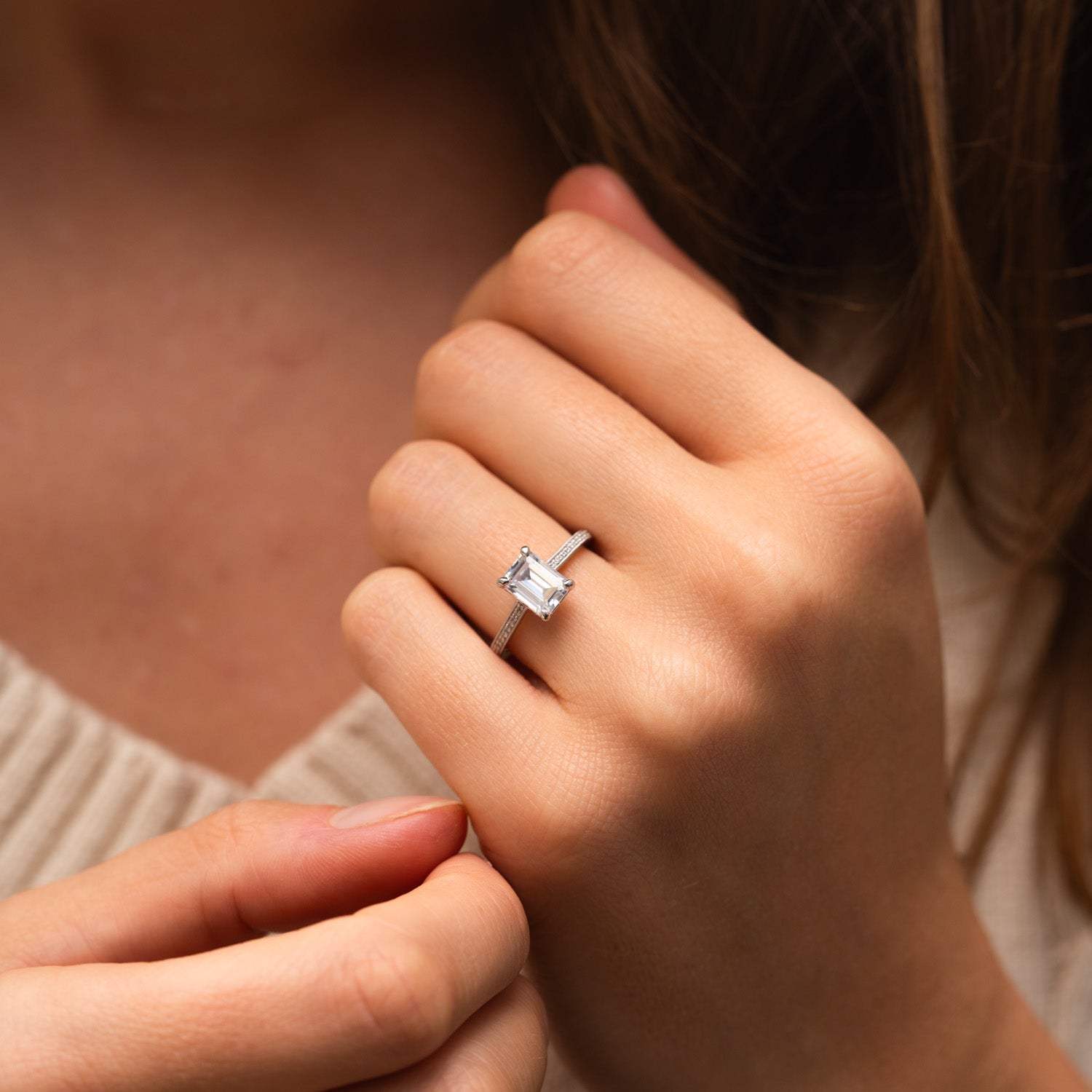 1.09 Carats Emerald Shape Moissanite Pave Engagement Ring