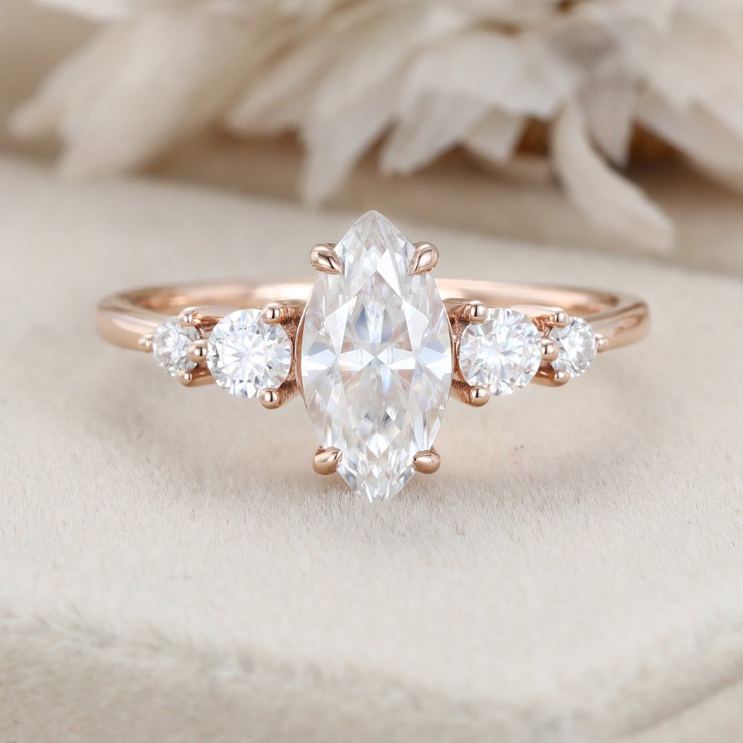 1.0 Carats Marquise Shape Moissanite Five Stone Engagement Ring